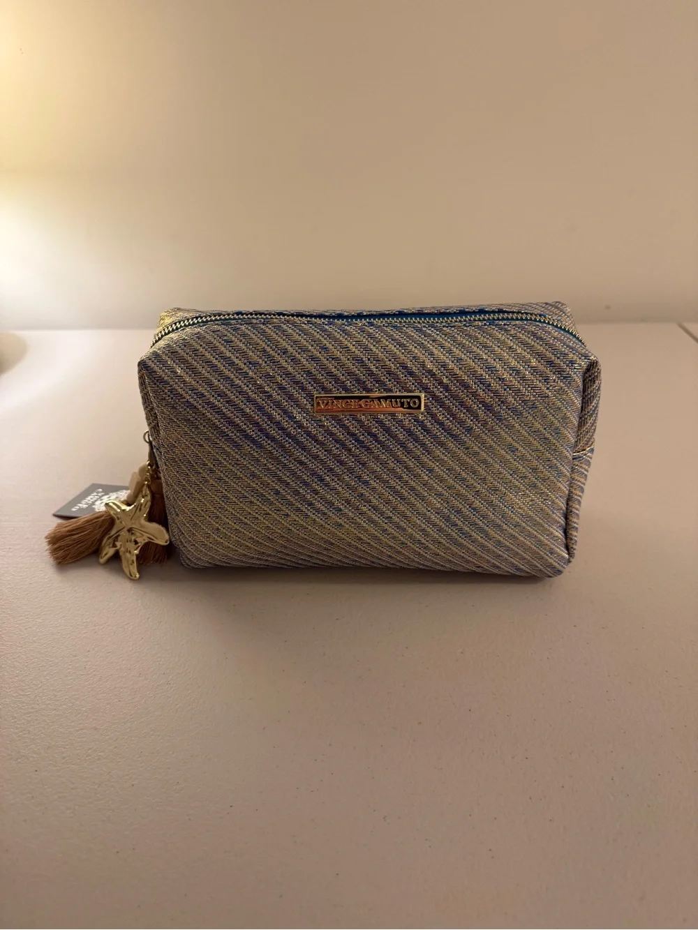 Vince Camuto Cosmetic Bag w/ Starfish and Tasseled Zipper in Blue/Gold - NWT